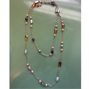 Handmade Boho Gold Tone Beaded Necklace Faux Pearl 26” Minimalist Vintage Style